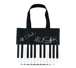 Fekete, zongorabillentyű mintás városi táska AGB3030 "All I need is music" felirattal 45 x 37 x 12 cm Zenei ajándéktárgy