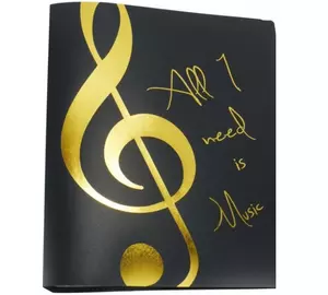 Fekete mappa, arany színű "All I need is Music" felirattal és violinkulccsal, 20 db lefűzött irattartóval AGF1024 A/4 méretű Zenei ajándéktárgy