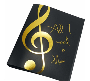 Két gyűrűs, arany színű "All I need is Music" feliratos és violinkulcs mintás mappa AGF1027 Zenei ajándéktárgy