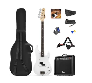 max Gigkit Elektromos basszusgitár szett (20W erősítő, táska, hangoló, pengetők) – fehér