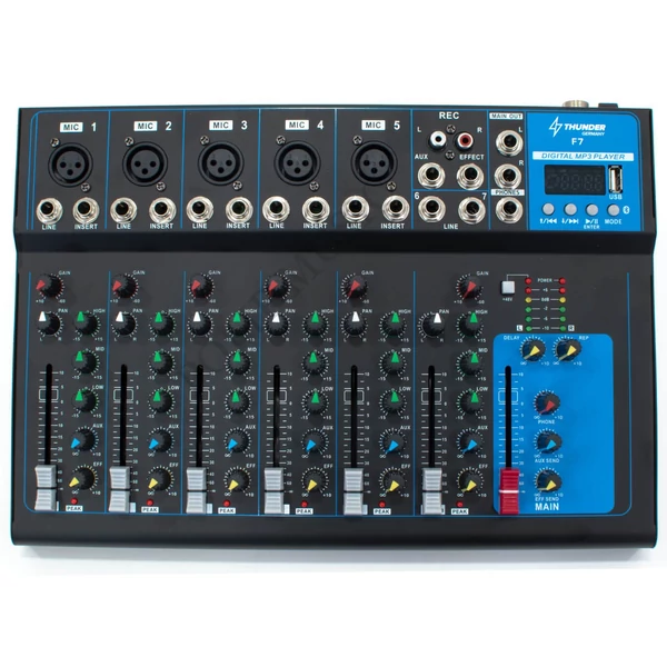 Thunder F7 – 7 csatornás stúdió / zenekari keverő, USB, Bluetooth + Effekt