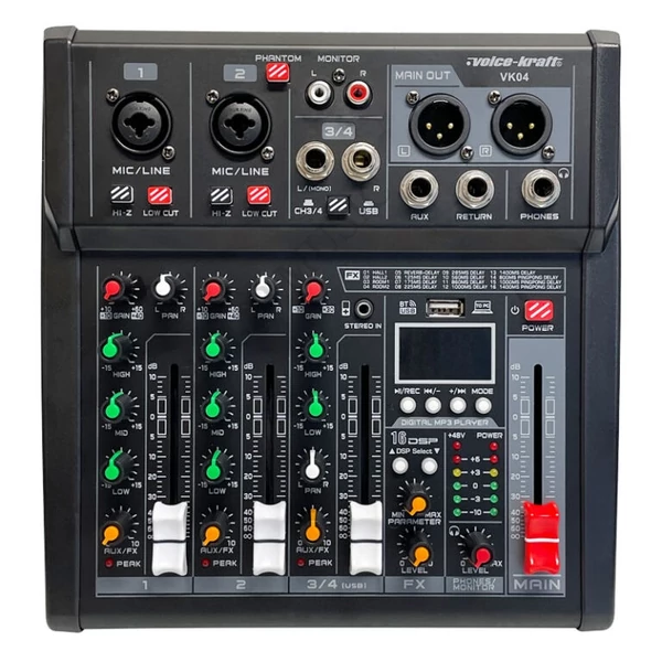 Voice Kraft VK04 keverőpult 2 mono/1 sztereo csatorna,USB Audio interface, Bluetooth, 16DSP effect