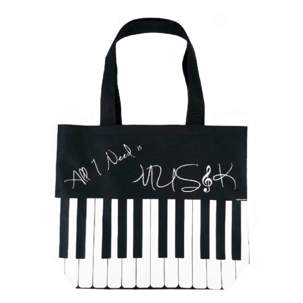 Fekete, zongorabillentyű mintás városi táska AGB3030 "All I need is music" felirattal 45 x 37 x 12 cm Zenei ajándéktárgy