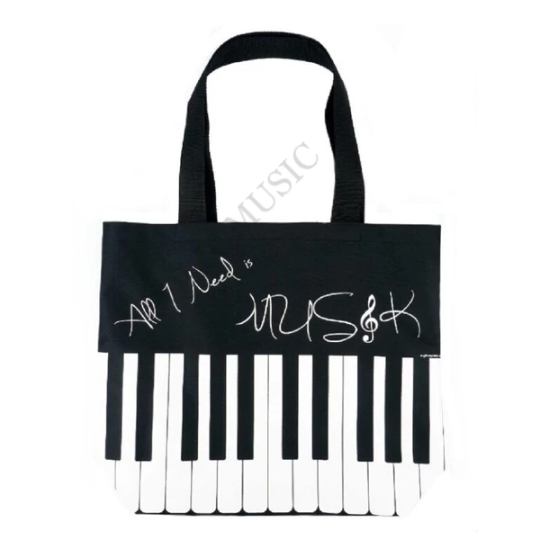 Fekete, zongorabillentyű mintás városi táska AGB3030 "All I need is music" felirattal 45 x 37 x 12 cm Zenei ajándéktárgy