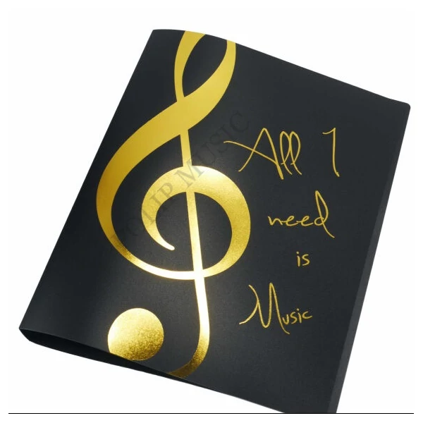 Két gyűrűs, arany színű "All I need is Music" feliratos és violinkulcs mintás mappa AGF1027 Zenei ajándéktárgy