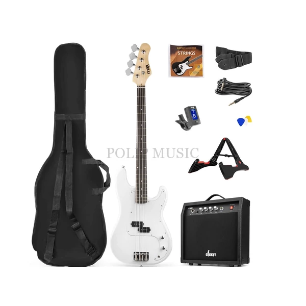 max Gigkit Elektromos basszusgitár szett (20W erősítő, táska, hangoló, pengetők) – fehér