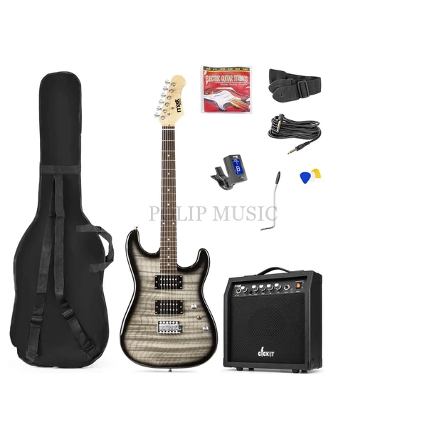 max Gigkit 4/4 elektromos gitár szett (20W erősítő, táska, hangoló, pengetők) Quilted Style fekete