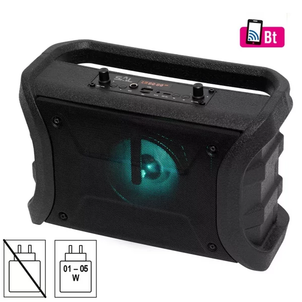 Sal BTWORKY 8 W, FM rádió, BT TWS, USB/microSD, AUX, RGB LED, USB-C töltőkábel, ~20 h üzemidős munka és szabadidő hangszóró