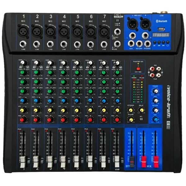 Voice Kraft EVoice-8 Keverőpult, 7 Monó/1 Sztereó csatorna, USB lejátszó, Bluetooth