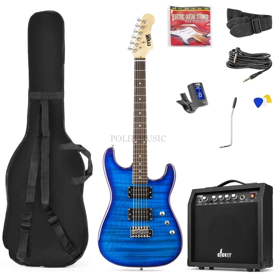 max Gigkit 4/4 elektromos gitár szett (20W erősítő, táska, hangoló, pengetők)  Quilted Style kék