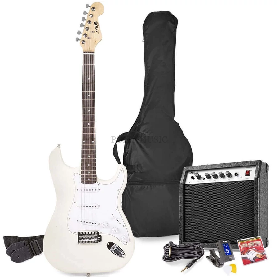 max Gigkit 4/4 Elektromos gitár szett (20W erősítő, táska, hangoló, pengetők)  fehér