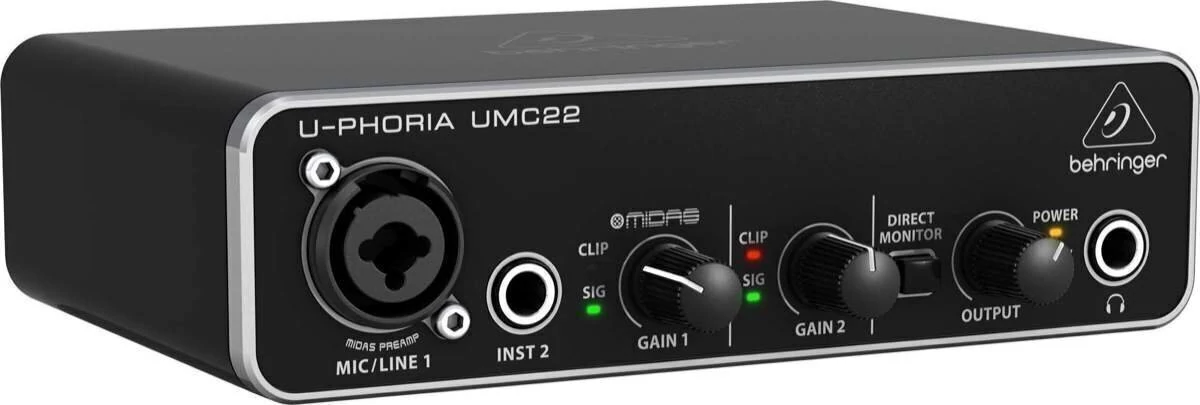 Behringer UMC22 U-Phoria hangkártya: 2x 2, USB 1.0, 48 kHz, mikrofon előerősítő MIDAS s +48V fantomtáppal