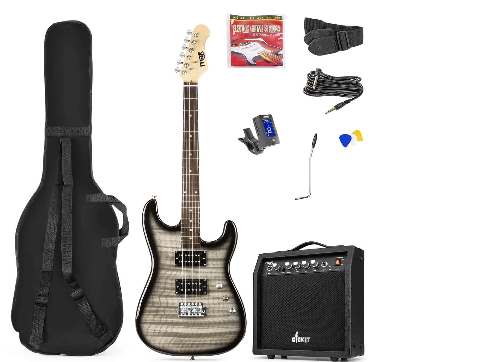 max Gigkit 4/4 elektromos gitár szett (20W erősítő, táska, hangoló, pengetők) Quilted Style fekete