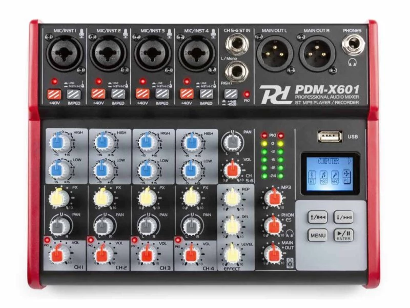 Power Dynamics PDM-X601 – 6 csatornás stúdió / zenekari keverő, USB + Bluetooth + Effekt + REC