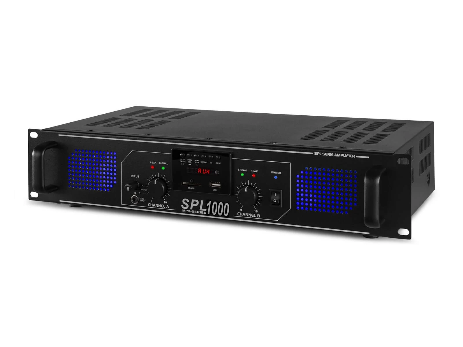 Skytec SPL-1000MP3 végfok erősítő 2x250W + MP3 lejátszó – fekete