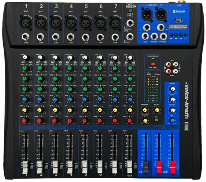 Voice Kraft EVoice-8 Keverőpult, 7 Monó/1 Sztereó csatorna, USB lejátszó, Bluetooth