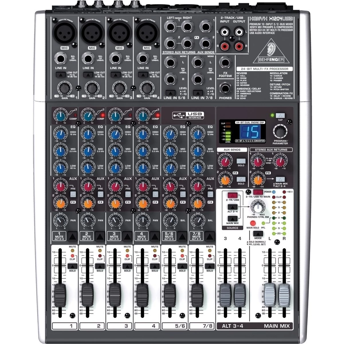 Behringer XENYX X1204USB egy 12 csatornás keverőpult USB csatlakozással és DSP egységgel